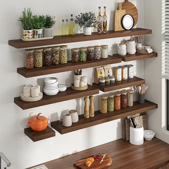 36 Inch Floating Shelves for Wall, 8 Inch Deep Floating Shelf for Storage & Display, Rustic Wall Mounted Shelf with Invisible Brackets for Living Room, Kitchen, Bathroom, Home Decor, Set of 2, Walnut