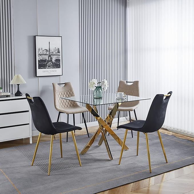 36" Square Dining Table for 4, Modern Clear Glass Kitchen Table for 4 with Gold X Metal Legs, Contemporary Small Glass Dining Room Leisure Tables for Kitchen Apartment