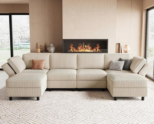 114.2" Modular Sectional Sofa with Deep Storage Seat,U Shaped Sectional Sofa Couch Convertible 6 Seater Corduroy Couch with Movable Ottoman,Upholstered Sectional Couches for Living Room,Beige