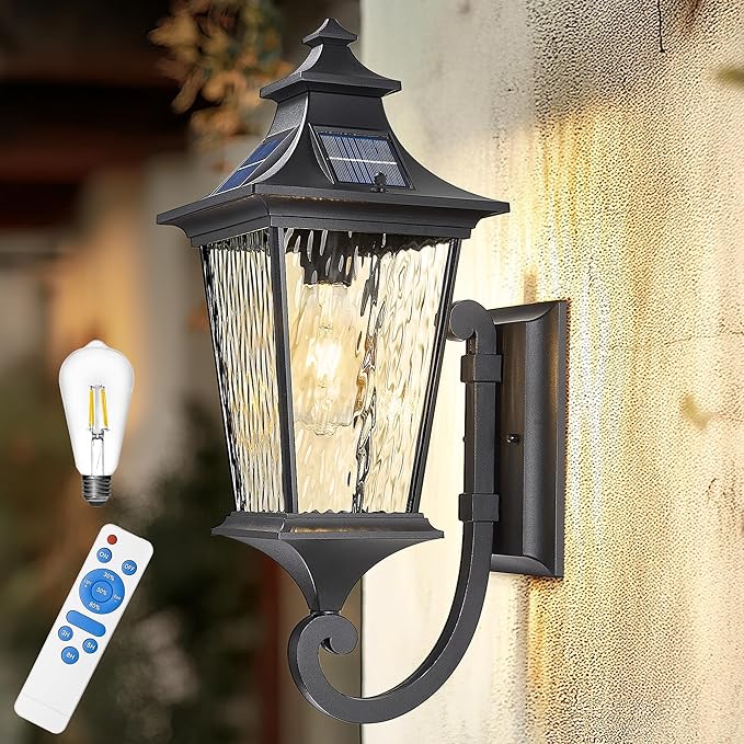 Emliviar Solar Wall Lantern Outdoor, Waterproof Outdoor Sconce Light, Dusk to Dawn LED Exterior Wall Lighting with Water Ripple Glass, Black Finish, 500181-SL SW BK
