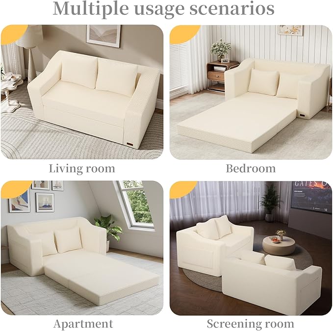 MeMoreCool Convertible Sofa Bed, Pull Out Loveseat Sofa Sleeper Couch for Bedroom Living Room Lounge, 2 in 1 Small Couch Bed with Pillow, Foldable Love Seat Futon Corduroy Beige