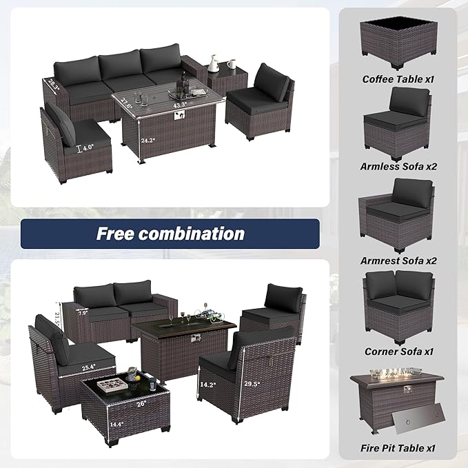 Kurapika 7 Pieces Patio Furniture Set, Rattan Wicker Outdoor Conversation Sets w/43in Propane Fire Pit Table and 4 Inch Cushion(Black)