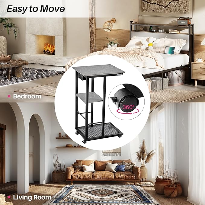 Redlife C Shaped End Table, Small Side Table for Couch C Tables with Charging Station, End Tables with Wheels & Adjustable Fee, Rolling Side Table for Living Room Bedroom (Grey Marble)