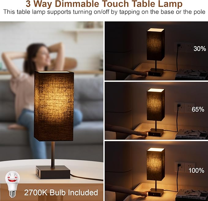 Sailstar Table Lamp for Bedroom, 3 Way Dimmable Touch Bedside Lamp, Small Lamp with 2 USB C+A Charging Ports, Black Nightstand Lamps for End Table, Living Room, Desk, Bulb Included