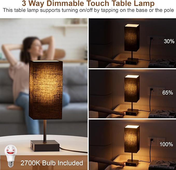Sailstar Bedside Table Lamps Set of 2, Touch Bedroom Lamp with USB C+A Charging Ports, 3 Way Dimmable Lamps for Night Stands, Small Table Lamp for Bedroom Decor, LED Bulbs Included, Upgraded Black