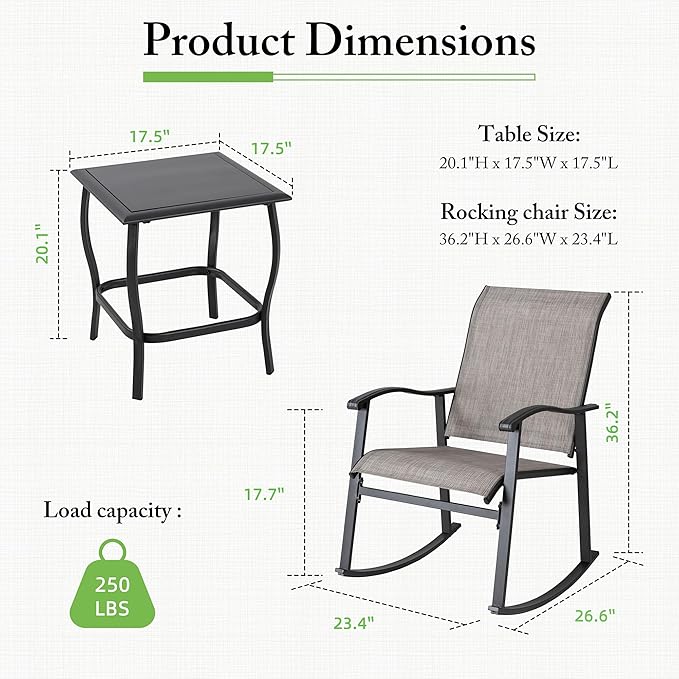 Shintenchi 3 Piece Rocking Bistro Set, Outdoor Furniture with Rocker Chairs and Glass Coffee Table Balcony, Porch Furniture for Small Space, Gray