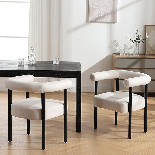 Beige Linen Dining Chairs Set of 2, Modern Upholstered Curved Backrest Kitchen Dining Room Chairs Accent Armchairs with Black Wood Legs, Beige Linen
