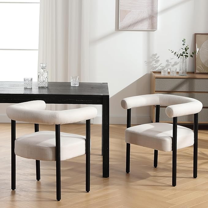 Beige Linen Dining Chairs Set of 4, Modern Upholstered Curved Backrest Kitchen Dining Room Chairs Accent Armchairs with Black Wood Legs