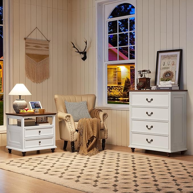 24" Wide Farmhouse Nightstand with Charging Station Set of 2, 37" Tall Rustic Chests of Drawers w/ 4 Solid Wood Feet, Farmhouse Furniture Series for Living Room,Bedroom,White