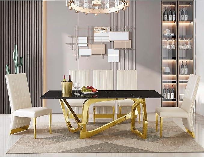 AUZ White Leather Dining Chairs Set of 6, Luxury White and Gold Upholstered Dining Room Chairs with Nailhead Trim, Modern Dining Chair with Polished Gold Metal Legs