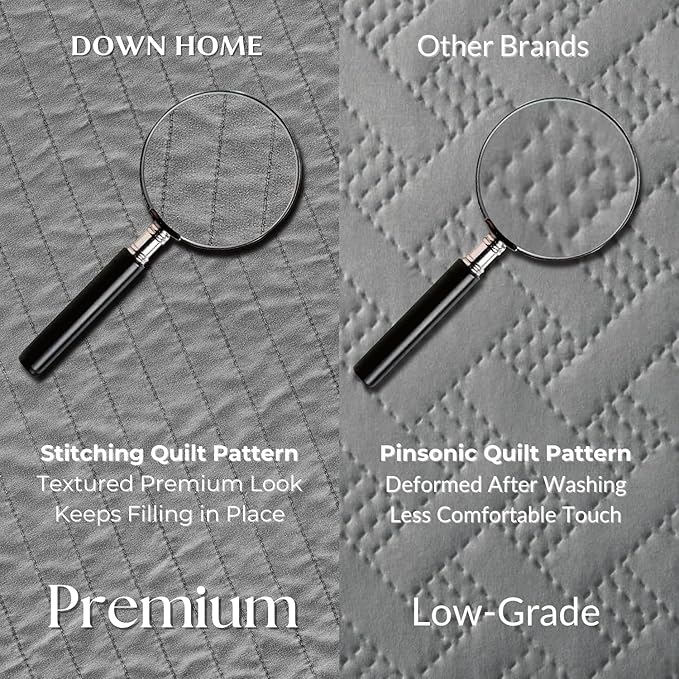 DOWN HOME King Quilt Bedding Set with Shams, Vintage Washed Soft Quilted Blanket Thin Comforter Lightweight Bedspread Coverlet Bed Cover, Brushed Microfiber Stripe Stitching, Ash Gray, 104"x90"