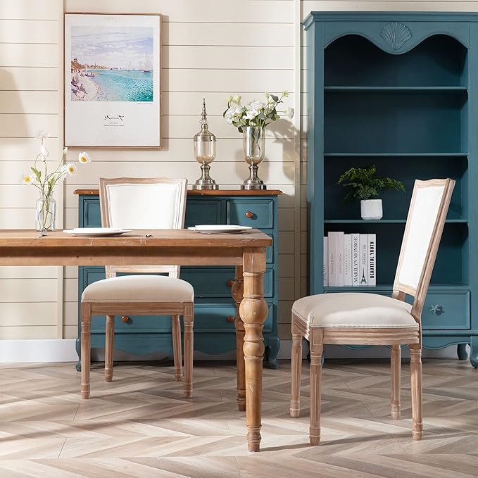 Nrizc Farmhouse Dining Room Chairs Set of 2, French Dining Chairs with Square Back, Brown Wood Legs, French Bistro Chairs for Dining Room/Living Room/Kitchen/Restaurant, Beige