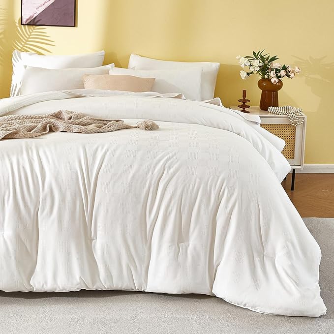 Plaid Queen Comforter Set White - Waffle Checkered Soft Shabby Chic Bedding, All-Season Lightweight Breathable with 2 Pillowcases