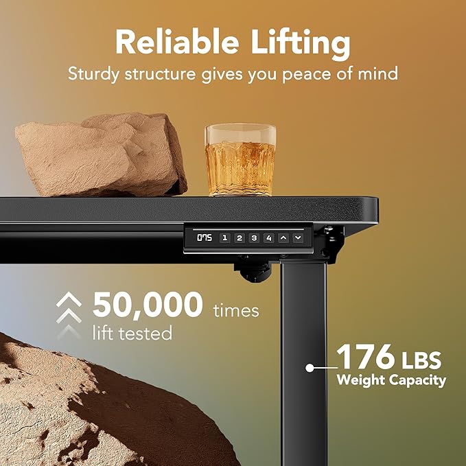 HUANUO 48" x 24" Electric Standing Desk Adjustable Height, 4 Memory Height Settings, Headphone Hook, Cable Manager, Sit Stand Up Desk for Home Office & Computer Workstation, Black