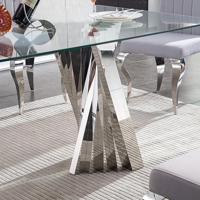 Goujxcy Modern 5 Piece Glass Dining Table Set Luxury Glass Kitchen Table and Chair Set for 4, 70" Large Rectangular Dining Room Table with 4 Tufted Chairs and Stainless Steel Legs (Silver & Grey)