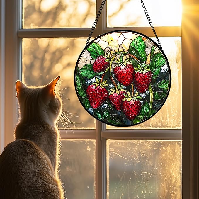Stained Glass Suncatcher, Red Strawberry Green Leaf Sun Catcher Silver Background Stain Glass Window Hanging Decoration Mother's Day Birthday Gifts for Women Men Mom Nana 7.8 in