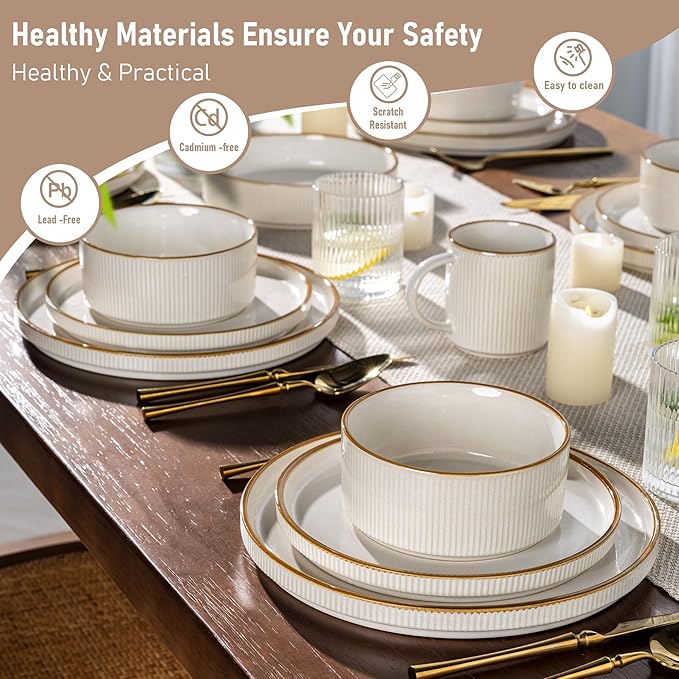 GBHOME Stoneware Dinnerware Sets for 4,Round Reactive Glaze Ceramic Plates and Bowls Set,Highly Scratch Resistant | Dishwasher & Microwave Safe Dishes Set,Service for 4(12Pcs),Pearl White