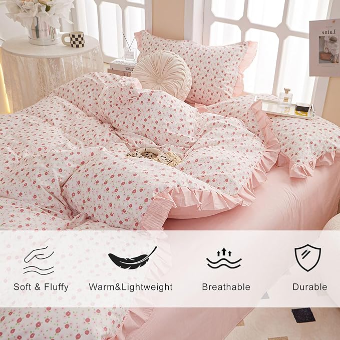 EAVD French Style Garden Pink Floral Comforter Set Full Girls Fluffy Soft Microfiber Chic Shabby Floral Bedding Set with 2 Pillowcases Fresh Ruffled Botanical Comforter Set for All-Season