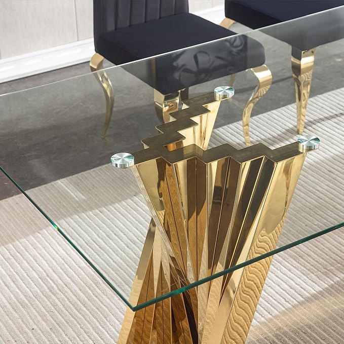 Goujxcy Modern 5 Piece Glass Dining Table Set Luxury Glass Kitchen Table and Chair Set for 4, 70" Large Rectangular Dining Room Table with 4 Tufted Chairs and Stainless Steel Legs (Gold & Green)