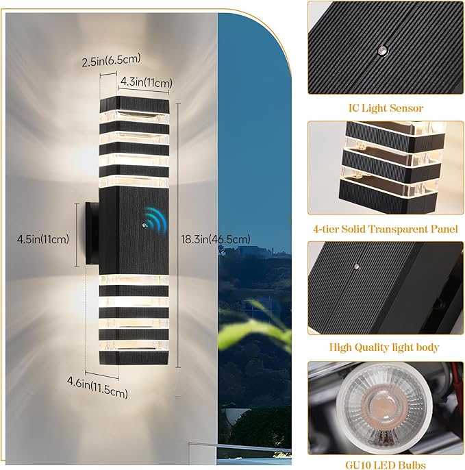 18.3 Inches Dusk to Dawn Outdoor Lighting,Up and Down Exterior Light Fixtures with 4 * 7W LED Bulbs,Waterproof Modern Long Outdoor Wall Light,Black Outdoor Porch Light for House 4 Packs