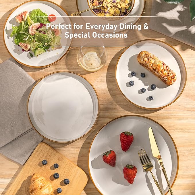 GBHOME Stoneware Dinnerware Sets for 8, Round Reactive Glaze Ceramic Plates and Bowls Set, Highly Scratch Resistant | Dishwasher & Microwave Safe Set，Service for 8（24pcs),Pearl White