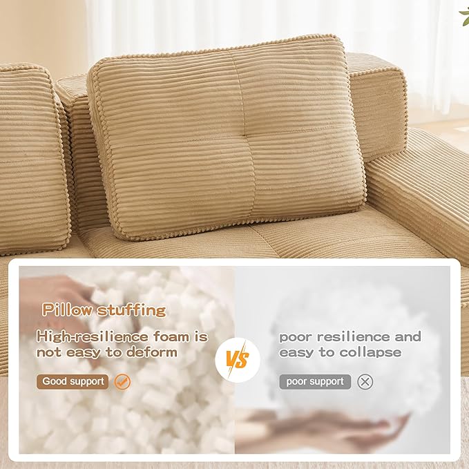 150.4'' Sectional Sofa, 32D Foam Corduroy Boneless Couch with Pillow, Deep Seat Wide Arm Sectional L Shaped Couch for Living Room, Apartment, Bedroom