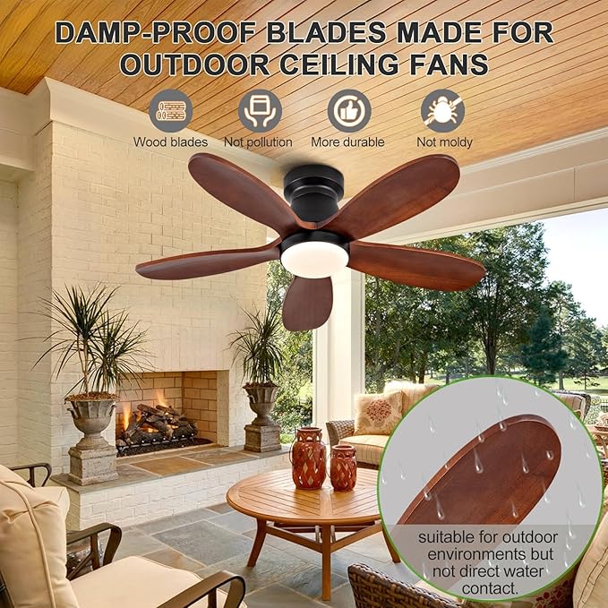 42 Inch Ceiling Fans with Lights and Remote, Low Profile Flush Mount Modern Wood Ceiling Fan with Light, 5 Blades, Wall Switch, Reversible DC Motor, Indoor Outdoor Ceiling Fan
