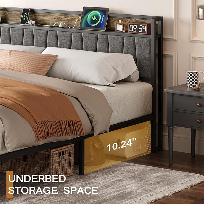 King Size Bed Frame with Storage Drawers and Charging Station, Upholstered Headboard Metal Platform Bed with USB Ports, No Box Spring Needed, Easy Assembly, Dark Brown