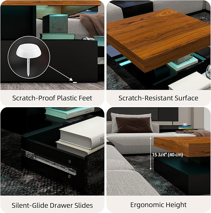 LED Coffee Table for Living Room, 2-Tier Modern Square Center Table with Music Sync Lights, High Gloss Surface, 30 3/4" x 30 3/4" (Rustic Brown+Black)