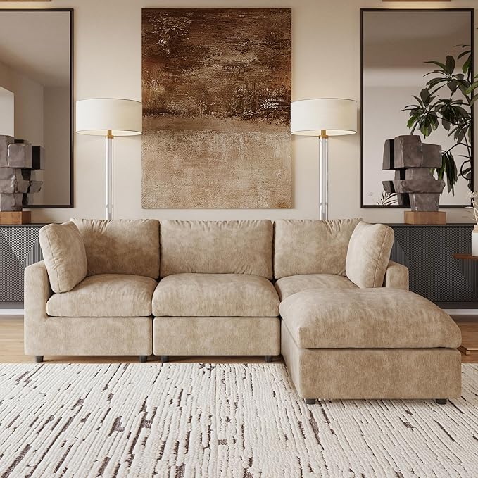 JACH L Shape Sectional Couches for Living Room, Deep Seat Convertible Modular Sofa, Cloud Sectional Couch, Sofa Covers Washable, Minimalist Modern Couch for Living Room, Apartment, Khaki