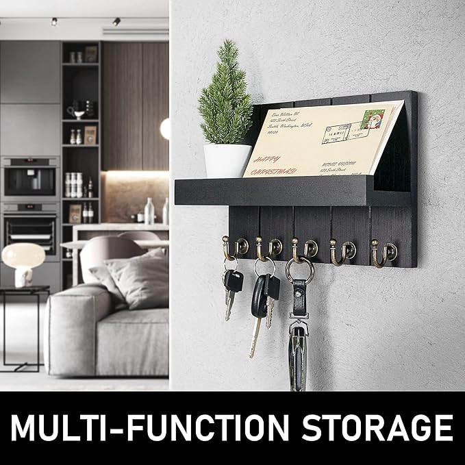 Rebee Vision Farmhouse Key Holder for Wall - Modern Key Racks for Wall Decor Living Room and Mail Organizer with Shelf for Apartment Essentials - Home Decor Aesthetic (Black, 3.54"D x 10"W x 7.28"H)