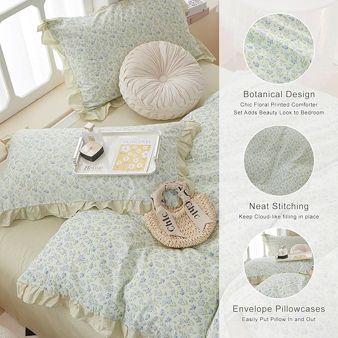 EAVD French Style Garden Floral Ruffled Comforter Set King White Fluffy Soft Microfiber Chic Blue Floral Bedding Set with 2 Pillowcases Fresh Botanical Comforter Set for All-Season
