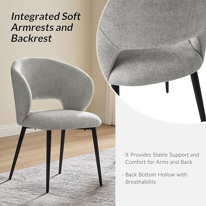 Contemporary Dining Chairs with Armrests – Ergonomic Soft-Padded Seat, Curved Backrest, Matte Black Metal Legs, Comfortable Kitchen & Dining Room Chairs, Set of 4