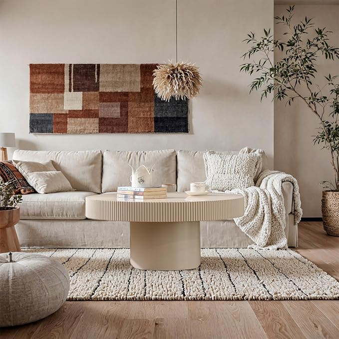 Round Coffee Table for Living Room, 30.71'' Modern Handcraft Drum Coffee Table Unique Fluted Coffee Tables Wood Center Table End Table for Small Space, Farmhouse Apartment Office (White Thin)