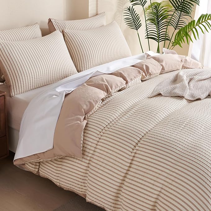 King Comforter Set Striped Beige 100% Soft Washed Microfiber Jacquard 3 Pieces King Striped Bedding Sets Beige White Comforter for All Seasons and 2 Pillowcases Comfort Breathable