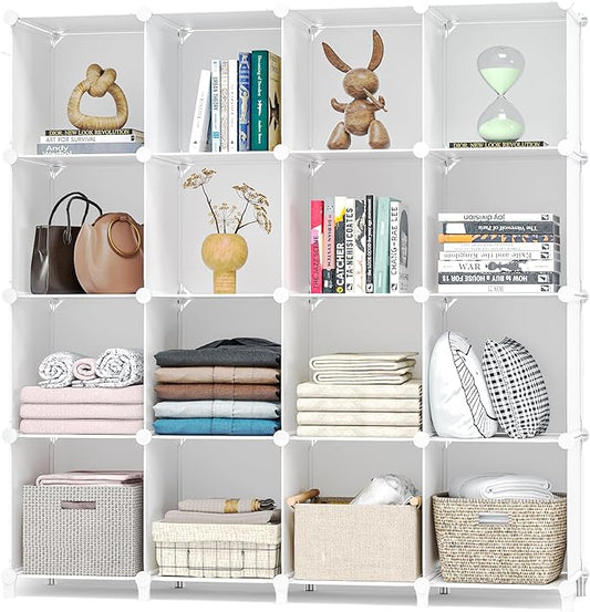 Neprock 16 Cubby Storage Organizer, Closet Clothes Storage Organizer, Cube Shelves Closet Organizers and Storage Shelves for Clothing Storage with Hammer, Bookshelf for Kids (White)