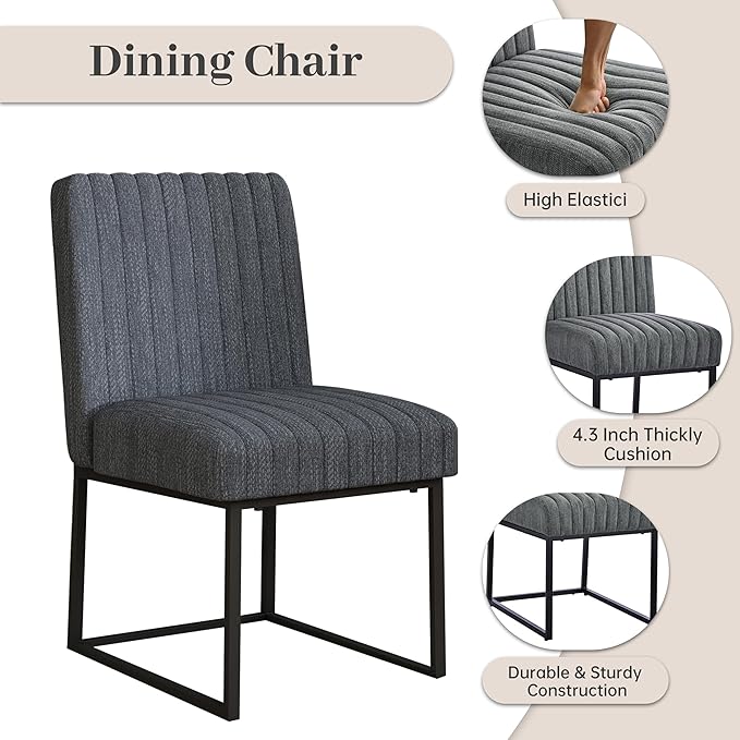 VKNOW Upholstered Dining Chairs Set of 4, Modern Dining Room Chairs with Stripe, Linen Kitchen Chair Dinner Chair with Black Metal Base for Kitchen Office, Dark Grey