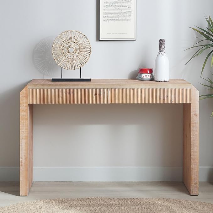 Rustic Wooden Console Table with Drawer, Sofa Table Behind Couch with Ribbed Texture, Retro Entryway Table for Hallway Foyer (51.8 Inch, Natural Wood)