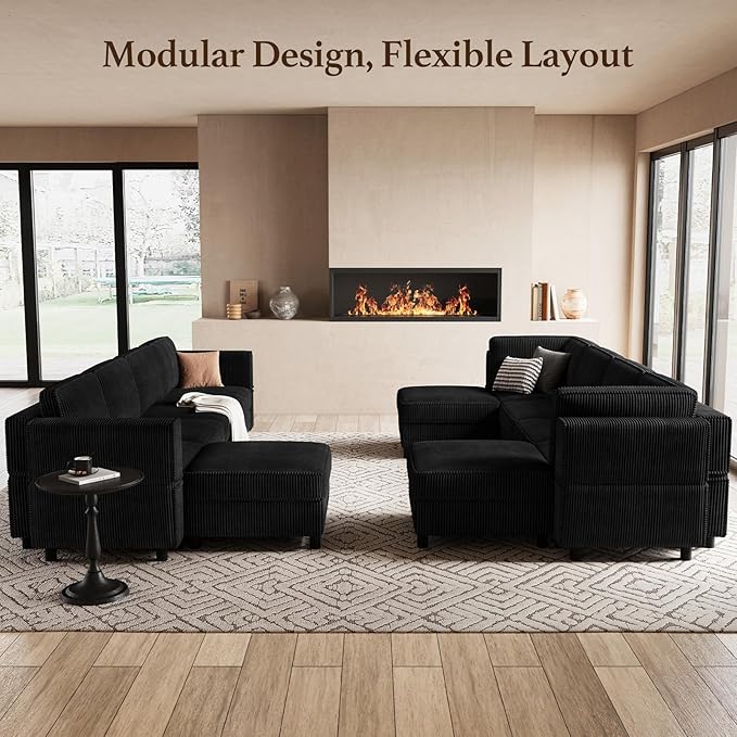 114.2" U Shaped Sectional Sofa,6 Seat Corduroy Couch,Comfy Modular Sectional Sofa with Storage Movable Ottoman Chaise,Upholstered Sectional Couches for Living Room,Black