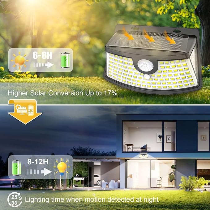 Aootek New Solar Motion Sensor Lights 120 LEDs with Lights Reflector,270° Wide Angle, IP65 Waterproof, Step Lights for Front Door, Yard, Garage, Deck (Black, Daylight White, 2-Pack)