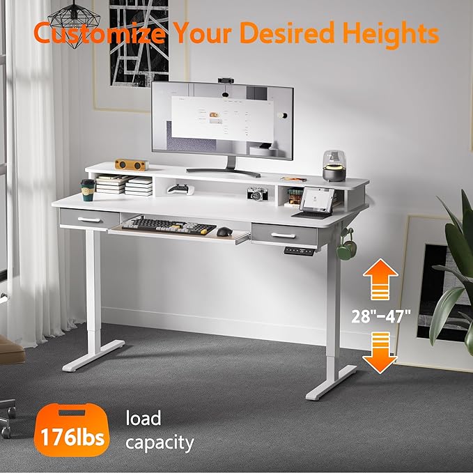 63 Inches Electric Standing Desk with Keyboard Tray, Height Adjustable Sit to Stand Table with 2 Drawers, Ergonomic Home Office Desk with Storage Shelf, Computer Table, White