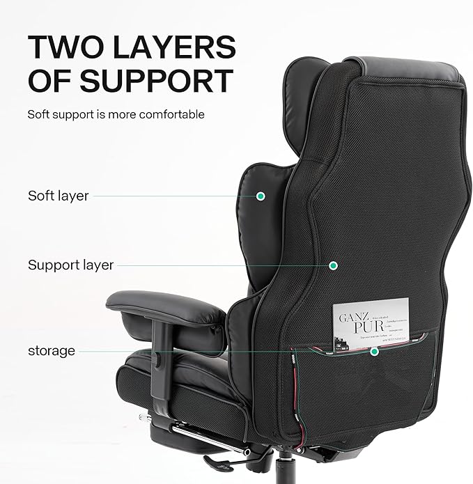 Big and Tall Office Chair 400lbs Wide Seat,High Back Gaming Chair with Foot Rest, Ergonomic Reclining Executive Office Chairs Lumbar Support,Leather Computer Chair Adjustable Arm(Black)