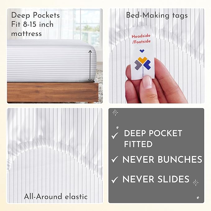 California Design Den Deep Pocket Twin Sheets Set - 400 Thread Count Sateen, Natural 100% Cotton Sheets, Cooling and Durable Bedding Set - Pinstriped