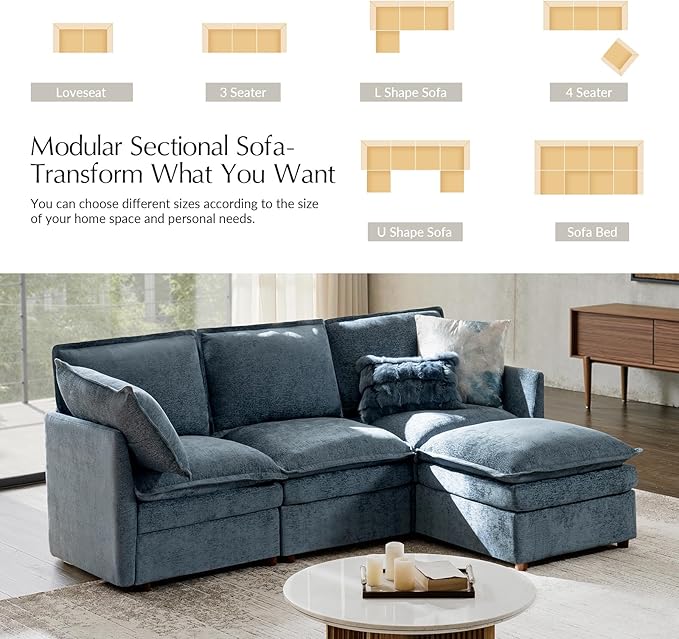 HULALA HOME 98'' Oversized Modular Sectional Sofa with Dual-Layered Cushions, L Shaped 4 Seater Couch with Storage Ottoman and Removable Cover, Modern Deep Seat Cloud Couch for Living Room, Blue