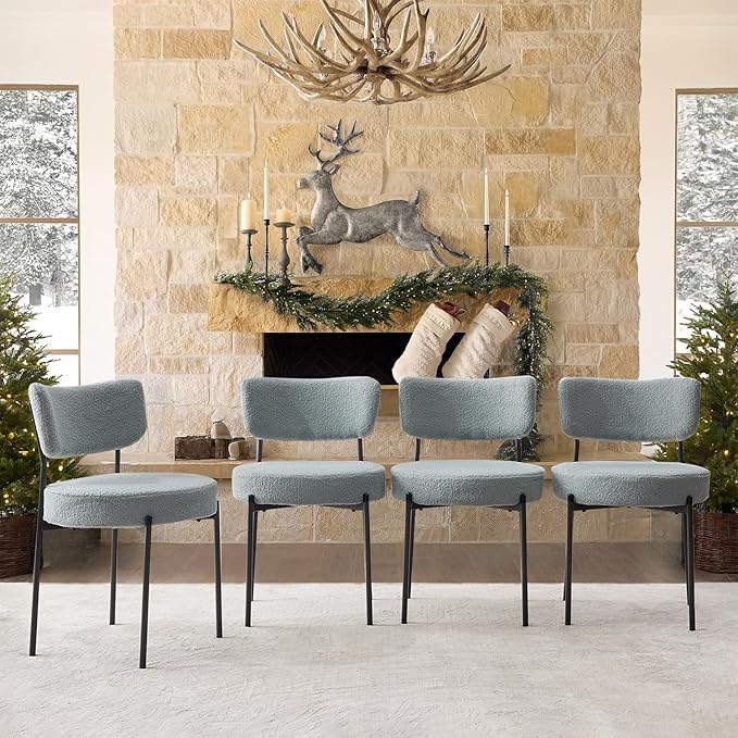 Grey Boucle Dining Chairs Set of 4, Upholstered Dinner Chair with Metal Frame, Dining Room Chairs with Padded Seat, Round Modern Seating for Living Room