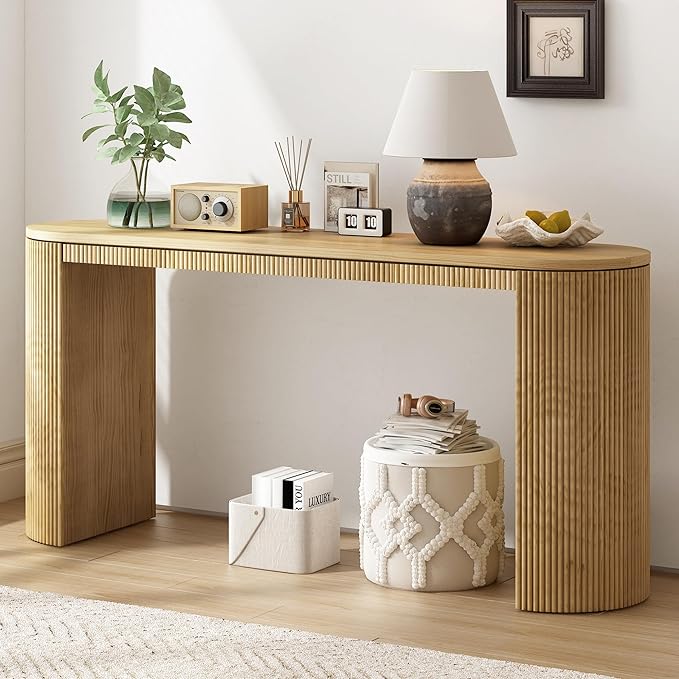 Modern Curved Console Table 59.2-Inch Fluted Entryway Sofa Table for Living Room Entrance Hallway Furniture, Natural