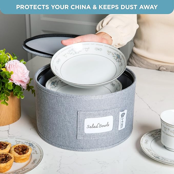 Hard Shell China Storage Containers 12-Piece Set Moving Boxes for Dinnerware, Glasses, Plates, Mugs and Saucers Sturdy Dish Organizer with Dividers for Seasonal Storage - Service for 12 - Grey