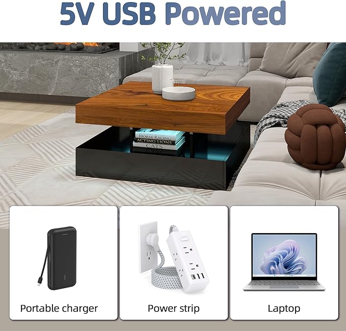 LED Coffee Table for Living Room, 2-Tier Modern Square Center Table with Music Sync Lights, High Gloss Surface, 30 3/4" x 30 3/4" (Rustic Brown+Black)