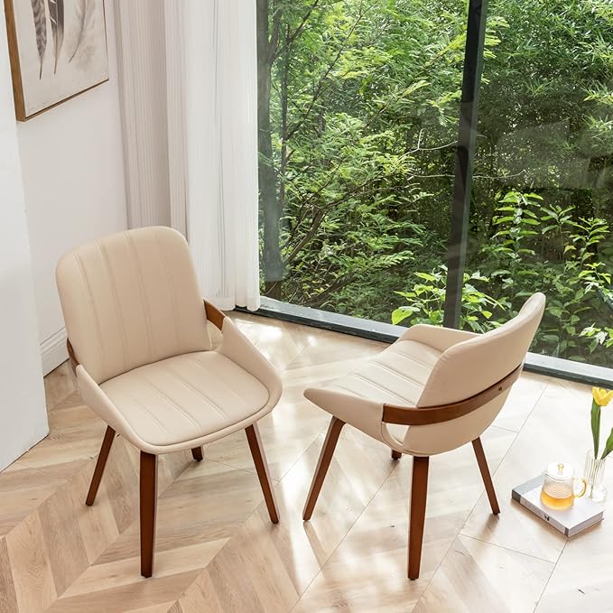 Mid Century Modern Faux Leather Upholstered Dining Chairs,Armless Accent Chairs with Sturdy Natural Wood Legs,Bamboo Backrest Support for Kitchen&Dining Room Chairs(Set of 4,Beige)