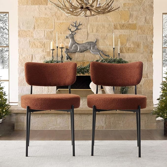 Brown Boucle Dining Chairs Set of 2, Upholstered Dinner Chair with Metal Frame, Dining Room Chairs with Padded Seat, Round Modern Seating for Living Room